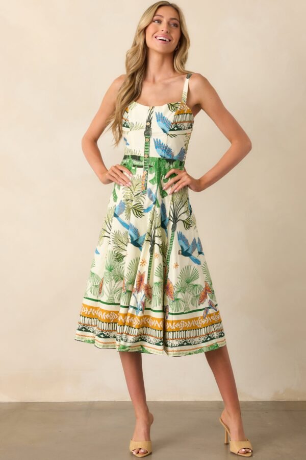 Aylaya Sao Paulo Ivory Tropical Print Cotton Midi Dress
