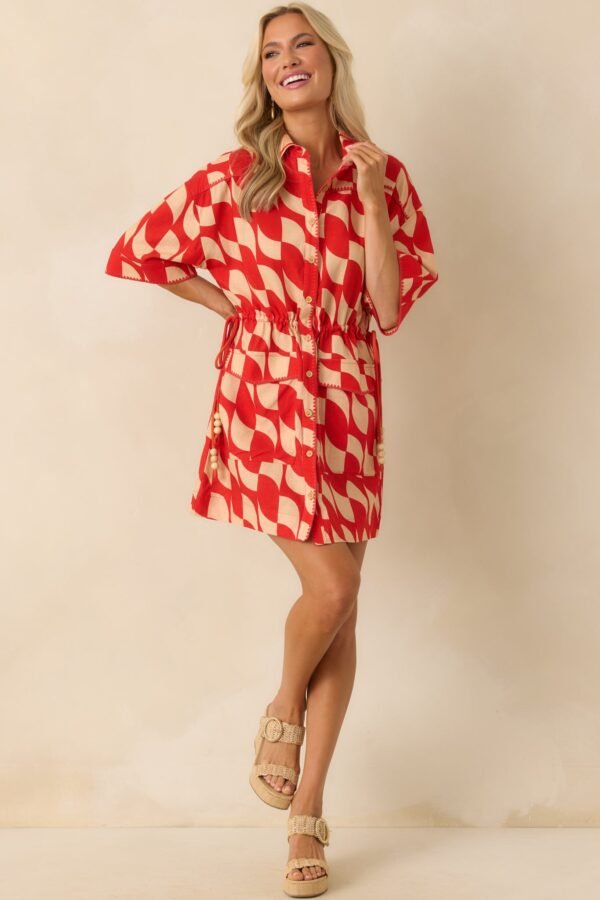 Aylaya Red Geometric Print Linen Blend Venice Mini Dress