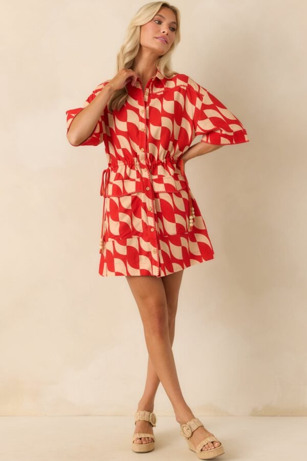 Aylaya Red Geometric Print Linen Blend Venice Mini Dress