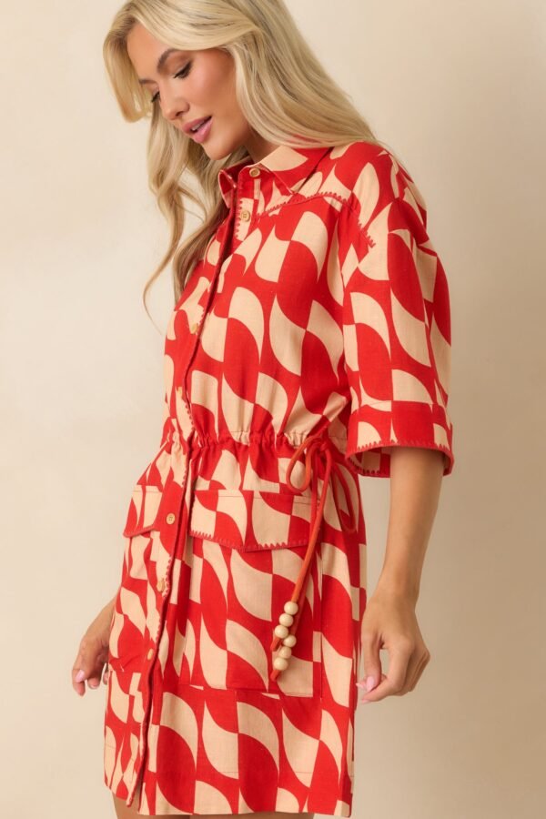 Aylaya Red Geometric Print Linen Blend Venice Mini Dress