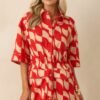 Aylaya Red Geometric Print Linen Blend Venice Mini Dress