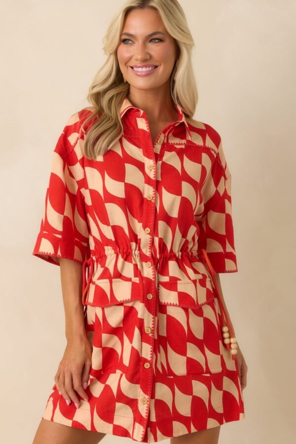 Aylaya Red Geometric Print Linen Blend Venice Mini Dress