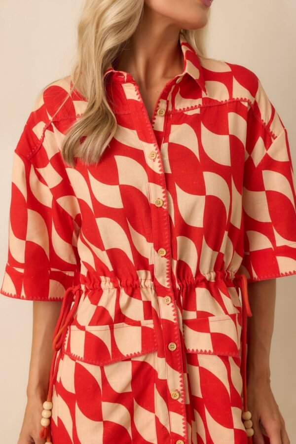 Aylaya Red Geometric Print Linen Blend Venice Mini Dress