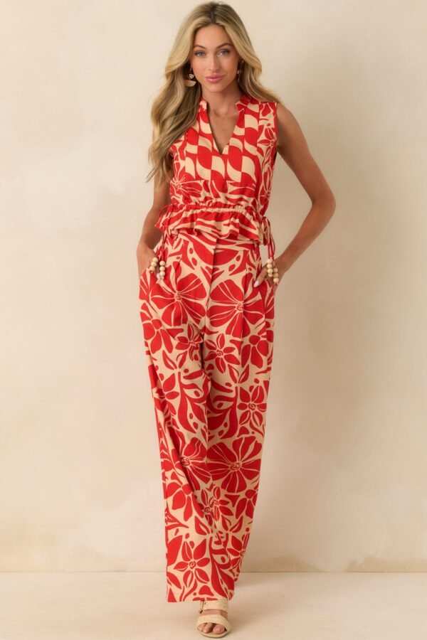 Aylaya Red Floral Print Linen Blend Key West Pants