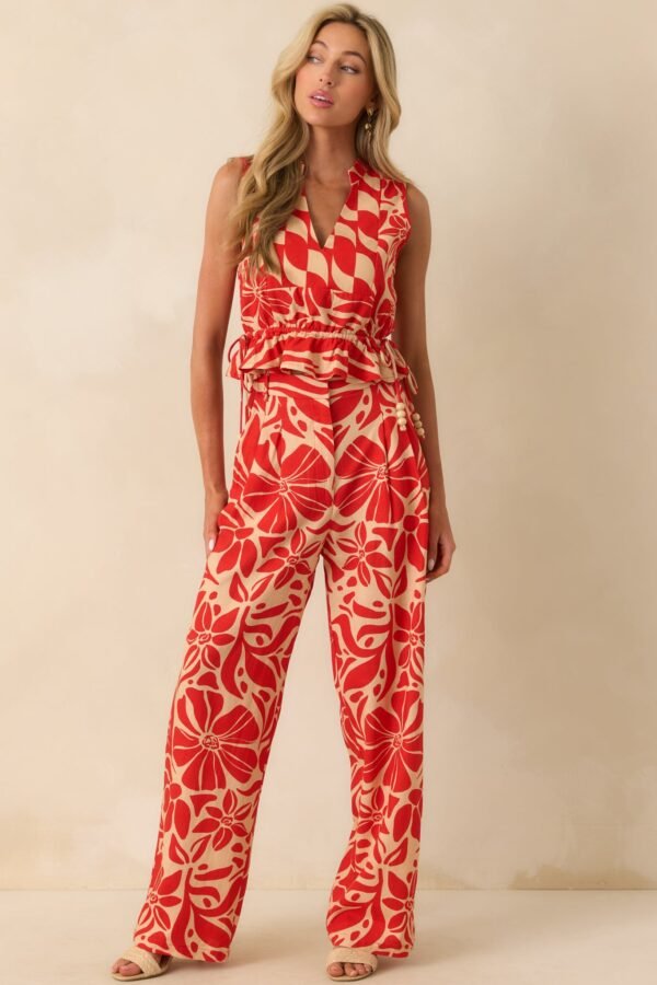 Aylaya Red Floral Print Linen Blend Key West Pants
