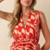 Aylaya Red Geometric Print Linen Blend Boracay Top