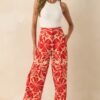 Aylaya Red Floral Print Linen Blend Key West Pants