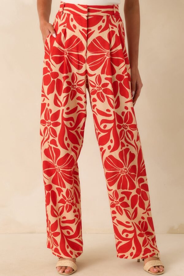 Aylaya Red Floral Print Linen Blend Key West Pants