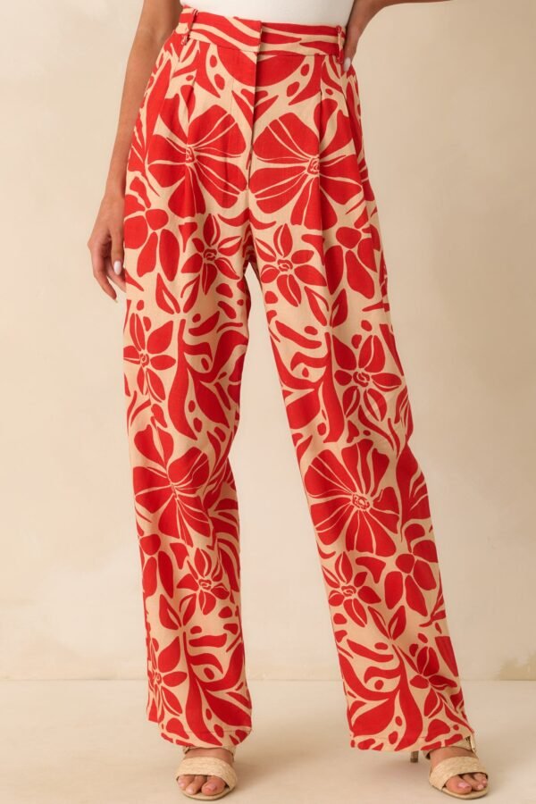 Aylaya Red Floral Print Linen Blend Key West Pants