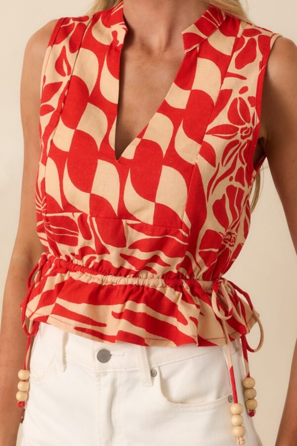 Aylaya Red Geometric Print Linen Blend Boracay Top