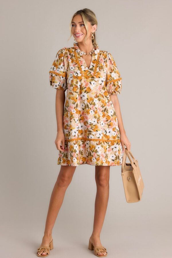 Blissful Treasure 100% Cotton Honey Yellow Floral Mini Dress