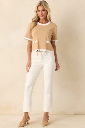 Book Nook Tan Scallop Hem Short Sleeve Top