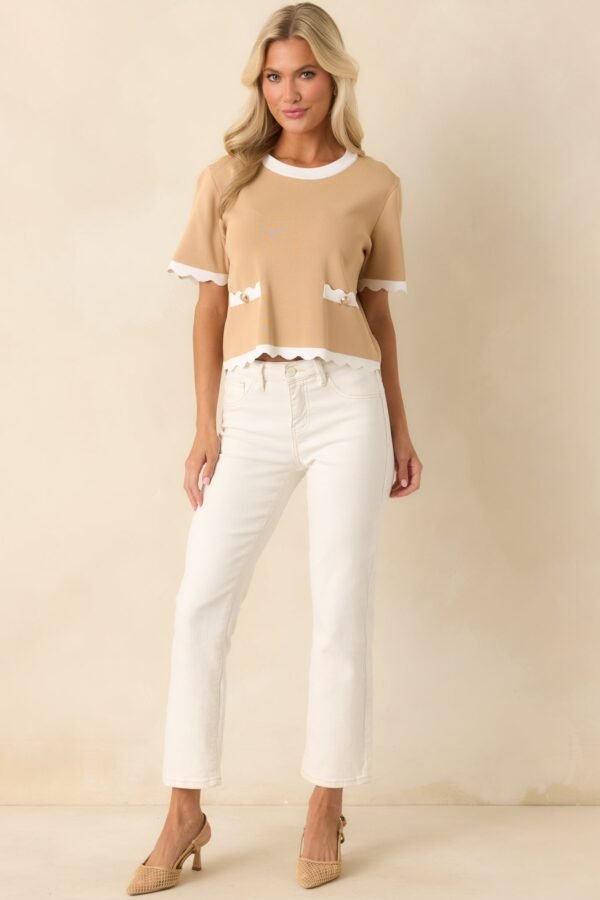 Book Nook Tan Scallop Hem Short Sleeve Top