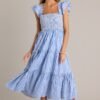 Bayside Stroll 100% Cotton Blue Stripe Smocked Midi Dress