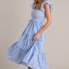 Bayside Stroll 100% Cotton Blue Stripe Smocked Midi Dress