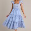 Bayside Stroll 100% Cotton Blue Stripe Smocked Midi Dress