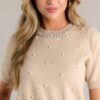 Casual Class Beige Short Sleeve Faux Pearl Top