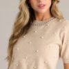 Casual Class Beige Short Sleeve Faux Pearl Top