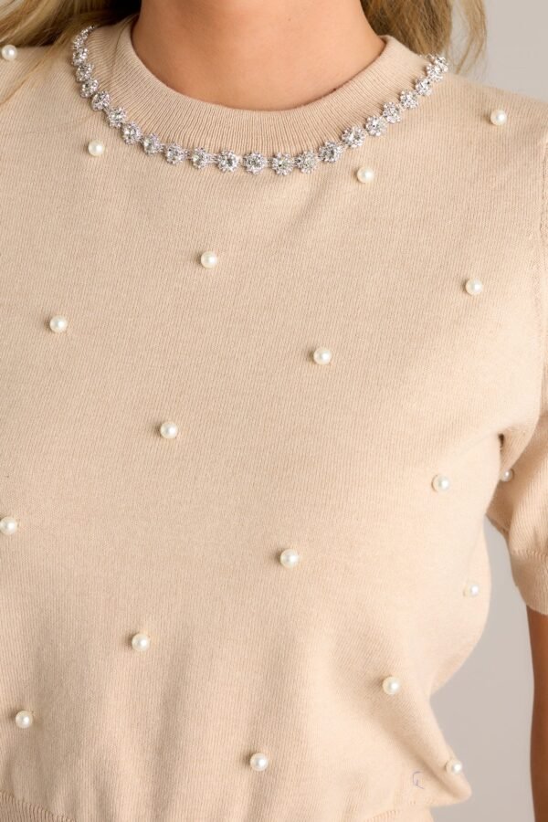 Casual Class Beige Short Sleeve Faux Pearl Top