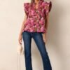Bright Places Berry Floral Jacquard Flutter Sleeve Top