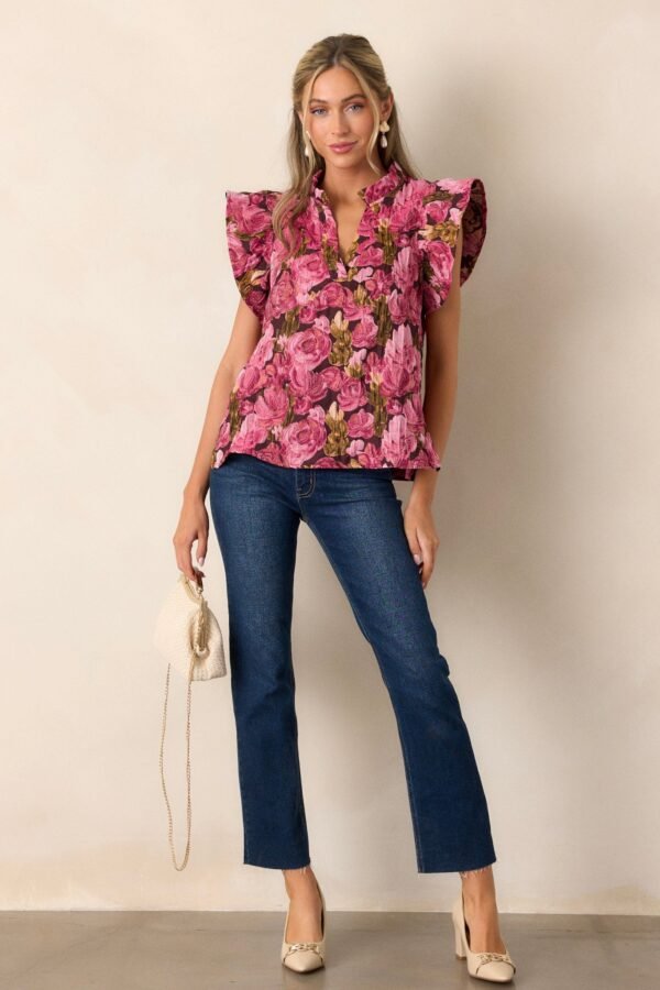 Bright Places Berry Floral Jacquard Flutter Sleeve Top