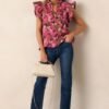 Bright Places Berry Floral Jacquard Flutter Sleeve Top