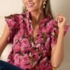 Bright Places Berry Floral Jacquard Flutter Sleeve Top