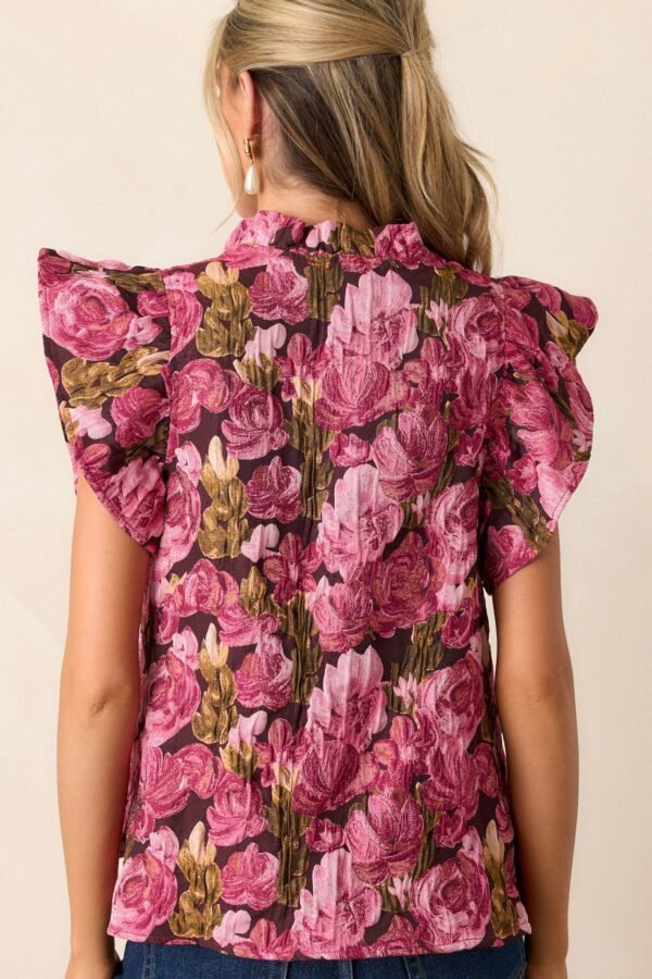 Bright Places Berry Floral Jacquard Flutter Sleeve Top