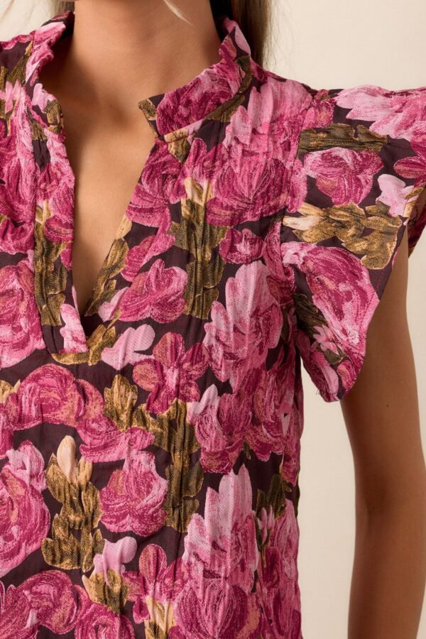 Bright Places Berry Floral Jacquard Flutter Sleeve Top