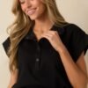 Best One Yet Black Cotton Scallop Hem Short Sleeve Pullover