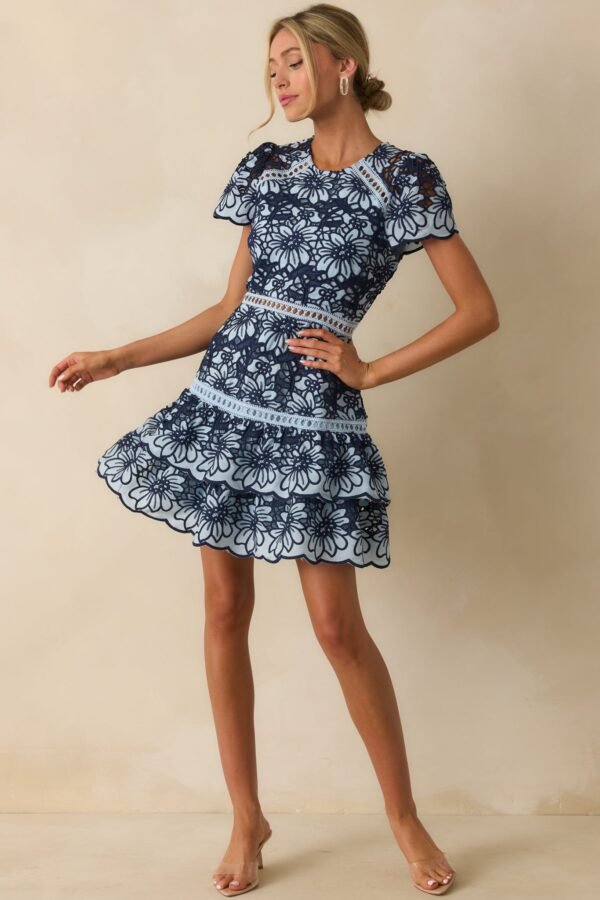 Can't Miss This Blue Multi Floral Embroidered Lace Mini Dress