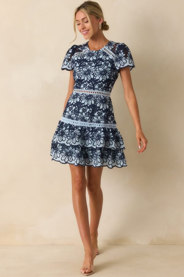 Can't Miss This Blue Multi Floral Embroidered Lace Mini Dress
