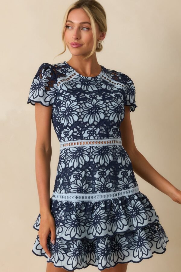 Can't Miss This Blue Multi Floral Embroidered Lace Mini Dress