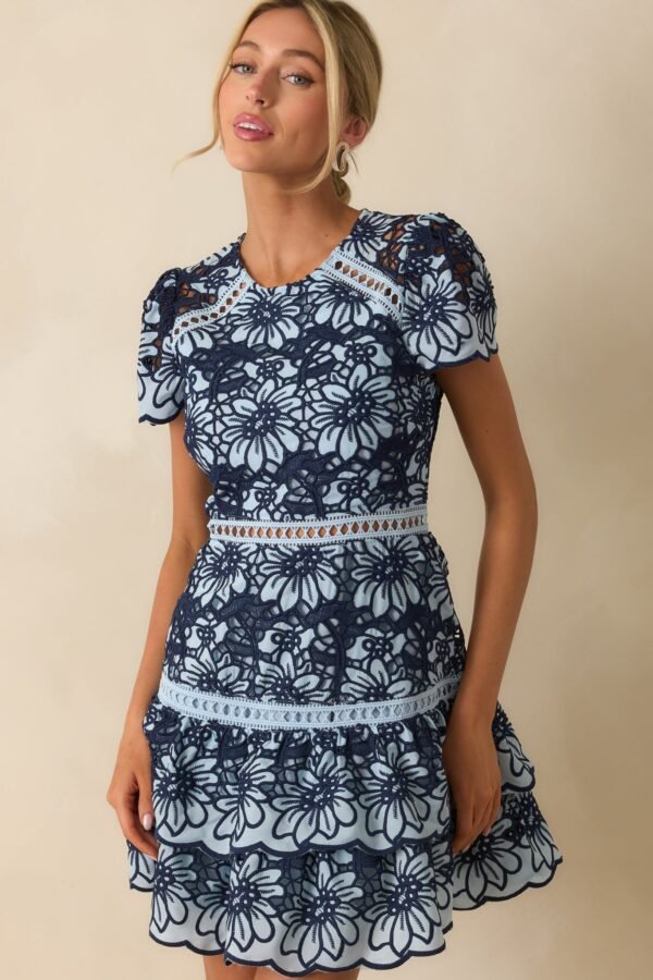 Can't Miss This Blue Multi Floral Embroidered Lace Mini Dress