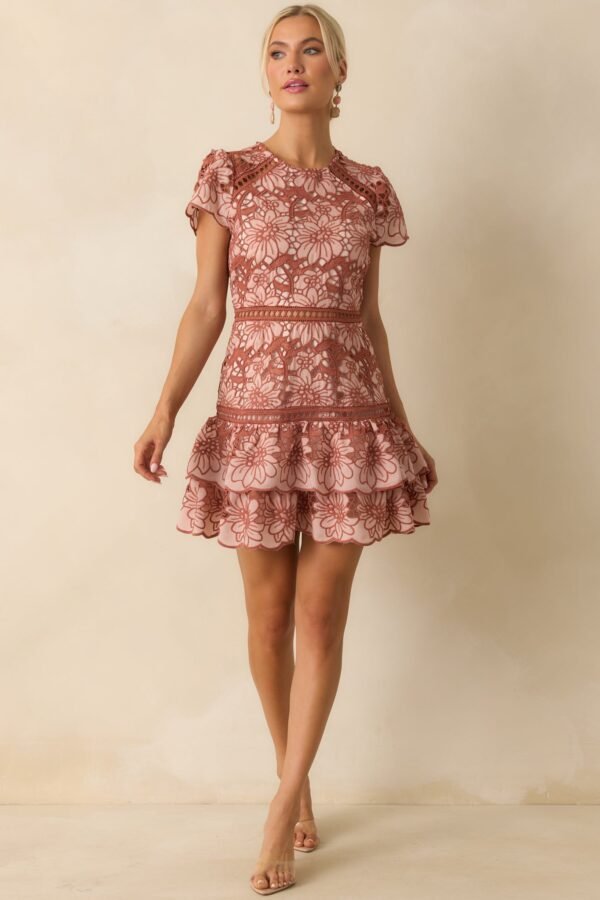 Can't Miss This Terracotta Multi Floral Embroidered Lace Mini Dress