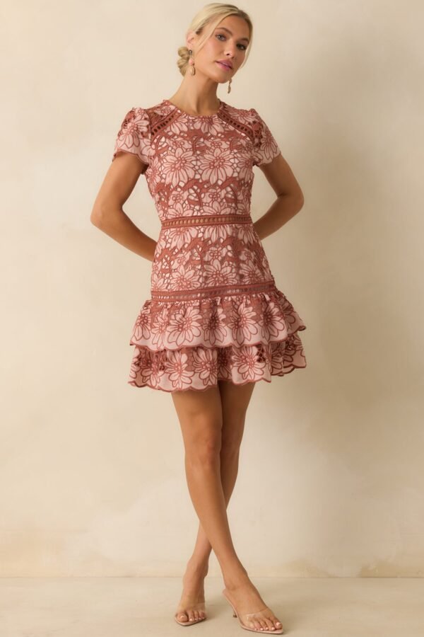 Can't Miss This Terracotta Multi Floral Embroidered Lace Mini Dress