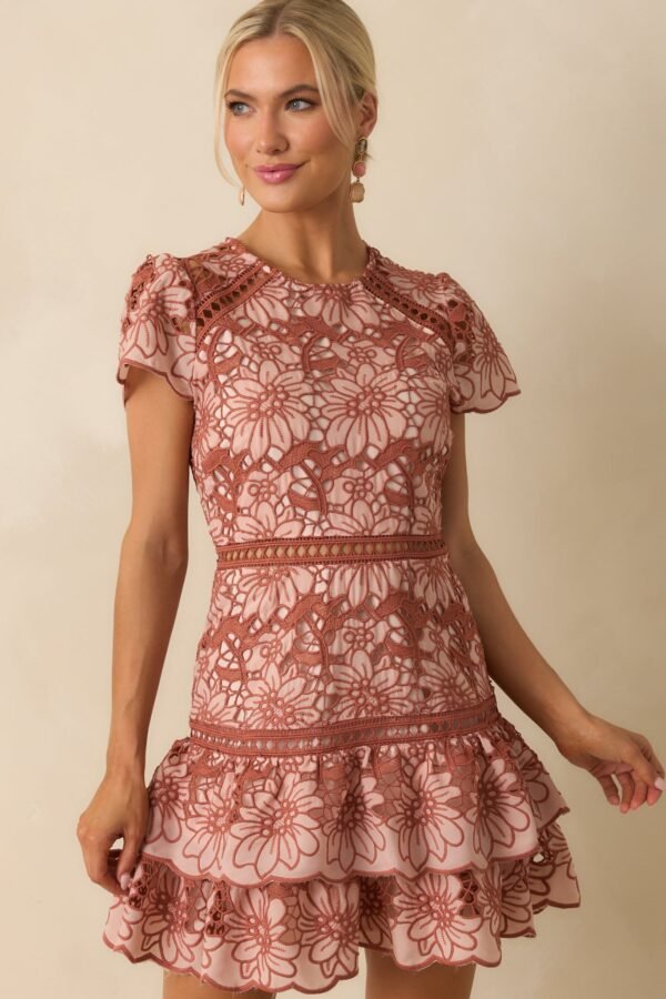 Can't Miss This Terracotta Multi Floral Embroidered Lace Mini Dress
