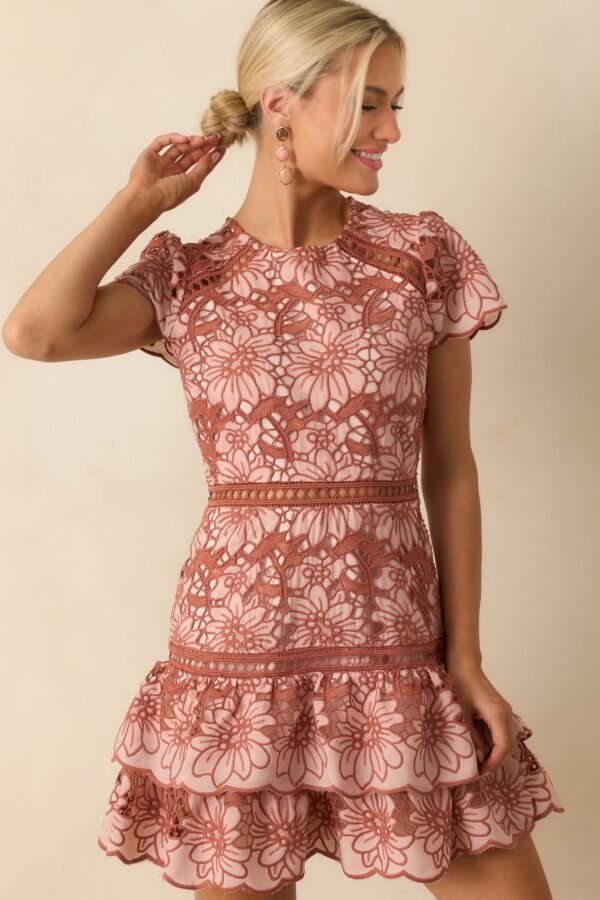 Can't Miss This Terracotta Multi Floral Embroidered Lace Mini Dress