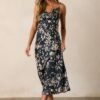 Botanical Escape Dark Teal Floral Satin Midi Dress