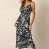 Botanical Escape Dark Teal Floral Satin Midi Dress