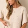 Be The One Ecru Faux Pearl & Bow Sweater Top