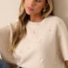 Be The One Ecru Faux Pearl & Bow Sweater Top