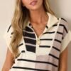 Bold Bands Beige Stripe Half-Zip Sleeveless Sweater