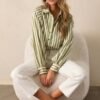 Bridge Over Water Olive Green Stripe Button Front Top