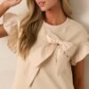 Can't Stop Me Beige Ruffle Sleeve Bow Top