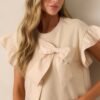 Can't Stop Me Beige Ruffle Sleeve Bow Top