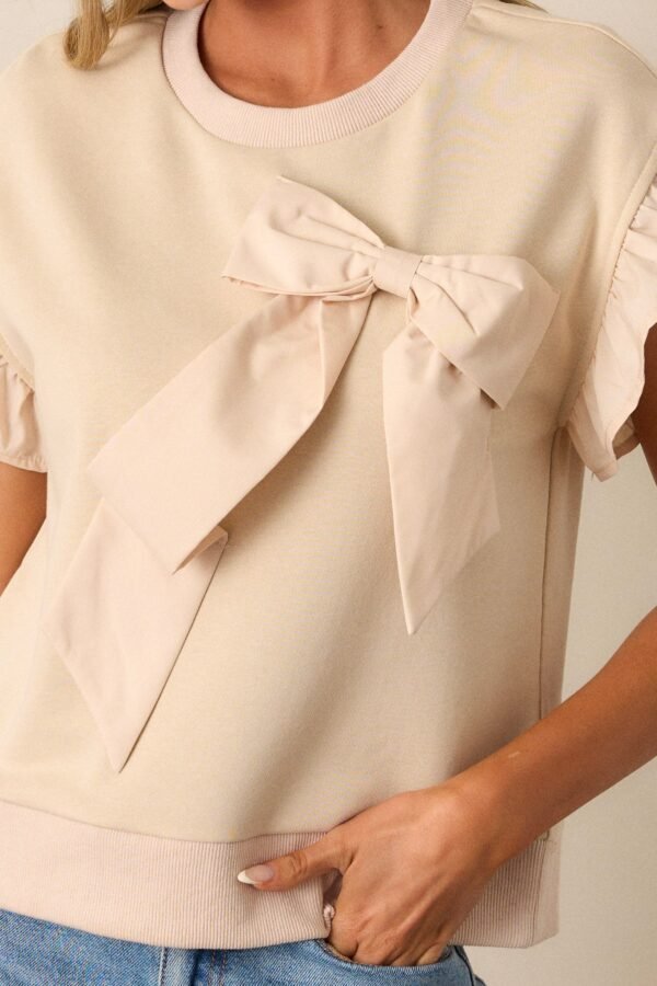 Can't Stop Me Beige Ruffle Sleeve Bow Top