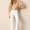 Bridge Over Water Tan Stripe Button Front Top