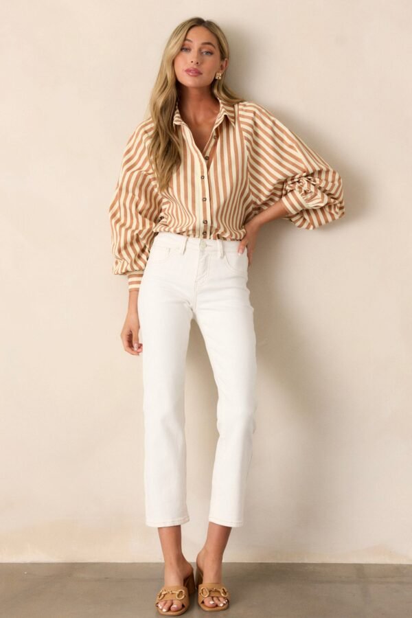 Bridge Over Water Tan Stripe Button Front Top