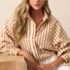 Bridge Over Water Tan Stripe Button Front Top